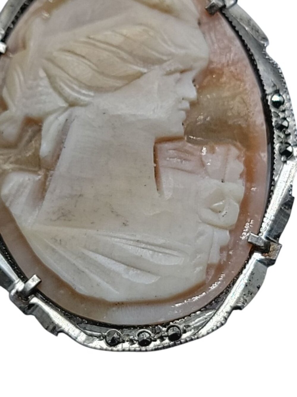 Antique 800 Silver Shell Cameo Brooch Italian Marcasite Studded Thin Delicate - Picture 9 of 12